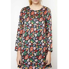 COMPANIA FANTASTICA Women's XL Satin Multicolor Floral Shift Dress Ruffle Hem