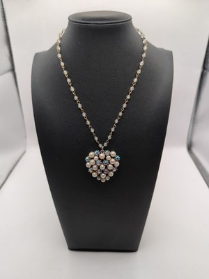 Vintage ''ART' Pepper AB Rhinestone Faux Pearl Heart Pendant Necklace