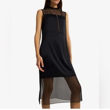 Theory Black Sheer Yoke  Hem Satin Midi Dress Sleeveless - Size 8 Quiet Luxury