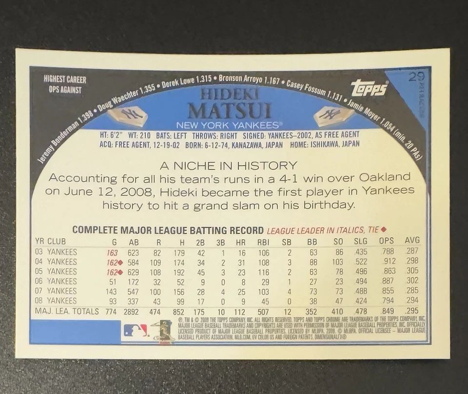 Hideki Matsui 2009 Topps Chrome Refractor #29 - New York Yankees - Image 2 of 2