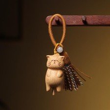 Retro Wooden Cat Keychain Hand Carved Cute Kitty Bag Pendant Charm Jewelry Gift