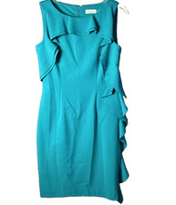 Calvin Klein Blue Sheath Dress Womens 6 Sleeveless Ruffle Cocktail Career