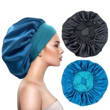 2PCS Large Satin Silk Hair Bonnet for Sleeping,Elastic Wide Band Bonnets for ...