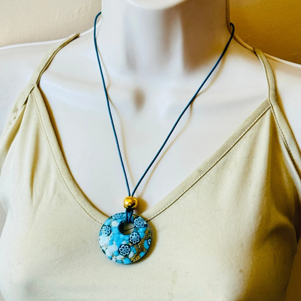 De Colección Collar Murano Millefiori Dial Azul Collar Oro Mancha Arte Vidrio Italia 18"L Foto 2 de 4