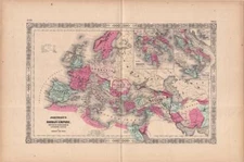 1865 JOHNSON FAMILY ATLAS-MAP OF THE ROMAN EMPIRE-HAND COLORED