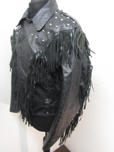 VINTAGE 80'S LA ROCKA LEATHER FRINGED MOTORCYCLE JACKET SIZE UKM, TASSELS, STUDS - Picture 5 of 17