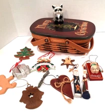 Rustic BASKET W/ Lot Of 11 Primitive Style Christmas Ornaments Decorations