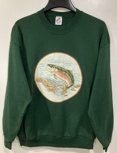 VINTAGE Green Rainbow Trout Patch Adult X-Large Jerzees Sweatshirt USA Men's