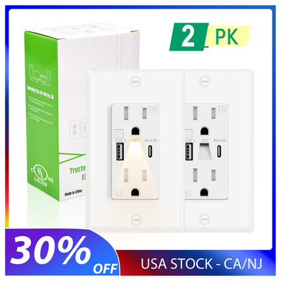 2-Pack LED Night Light Outlets, 24W USB C+A, 4.8A, Fast Charging, On/Off Switch
