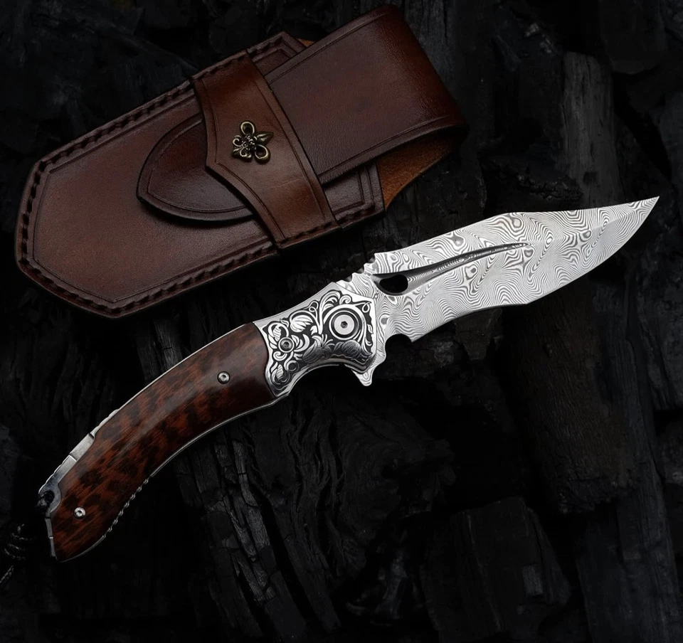 Nova faca de bolso dobrável japonesa VG 10 aço damasco EDC com bainha de couro - Imagem 2 de 4