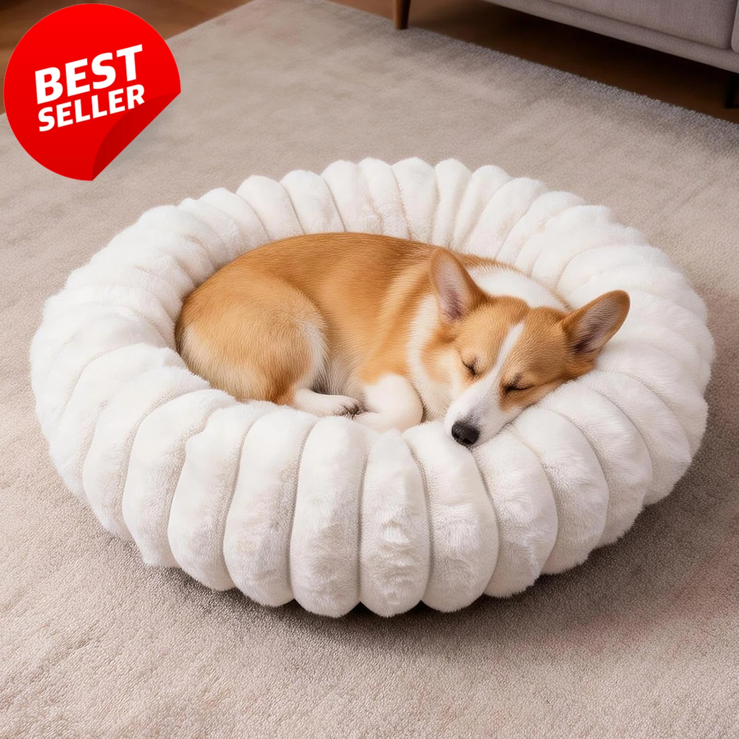 Donut Dog Cat Bed Faux Fur Calming Anti Anxiety Soft 20in White - US
