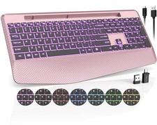 Wireless Keyboard with 7 Colored Backlits Wrist Rest, Phone Holder, Rechargea...