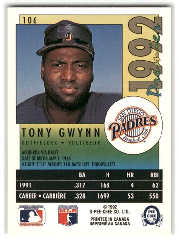 Tony Gwynn 1992 O-Pee-Chee Premier Baseball #106 San Diego Padres - Picture 2 of 2