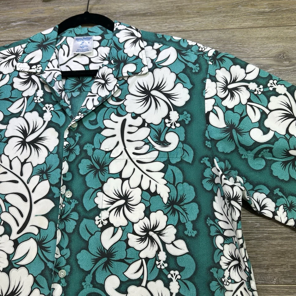 Hana моды гавайский Алоха рубашка маленький бирюзовый белый гибискус цветочный - Изображение 4 из 4