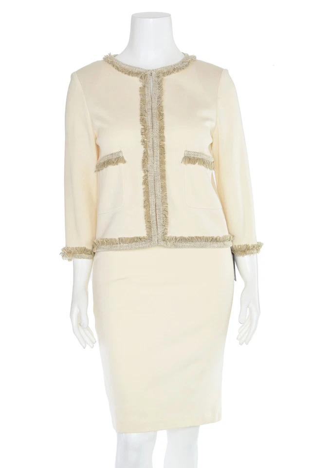 Traje chaqueta y falda punto Milano con flecos St. John Knits 2 piezas en crema/bronceado talla 12/8 Foto 2 de 4