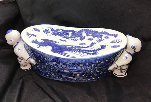 Vintage Chinese Porcelain Blue And White Boy And Girl Headrest Pristine - Picture 4 of 16