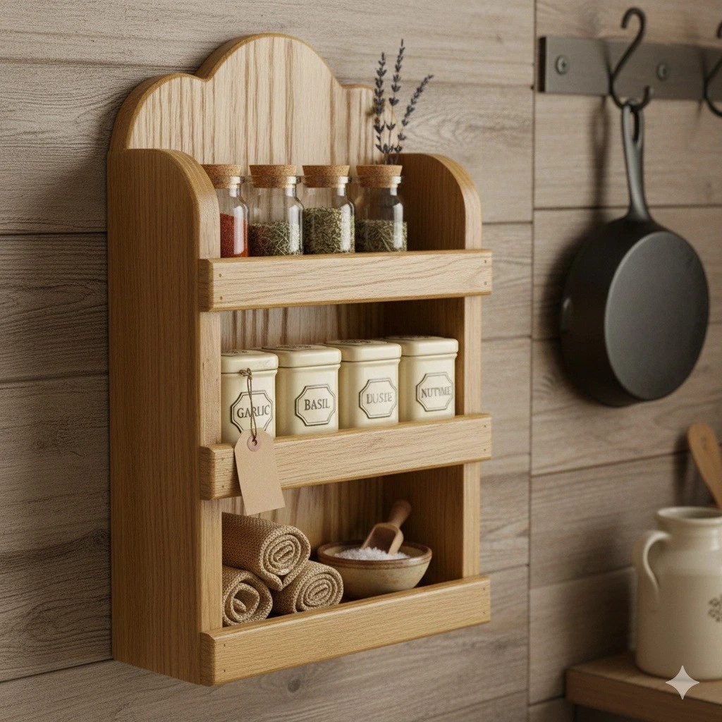 Vintage Oak Wood Wall Mount Spice Rack 2 Tier Scalloped Edge Honey Finish Shelf