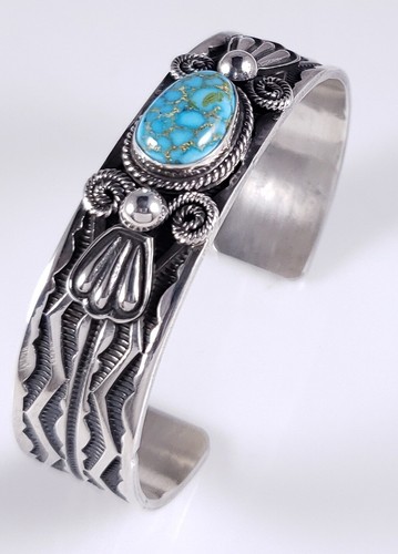 Andy Cadman Navajo Sterling Silver Stacker Cuff Bracelet Kingman Turquoise - Picture 8 of 9