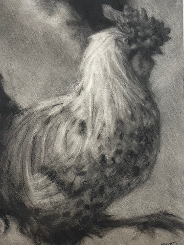 FINA PINTURA PASTEL CONTEMPORÁNEA de pollo o gallo por la noche firmada ilegible - Imagen 5 de 10
