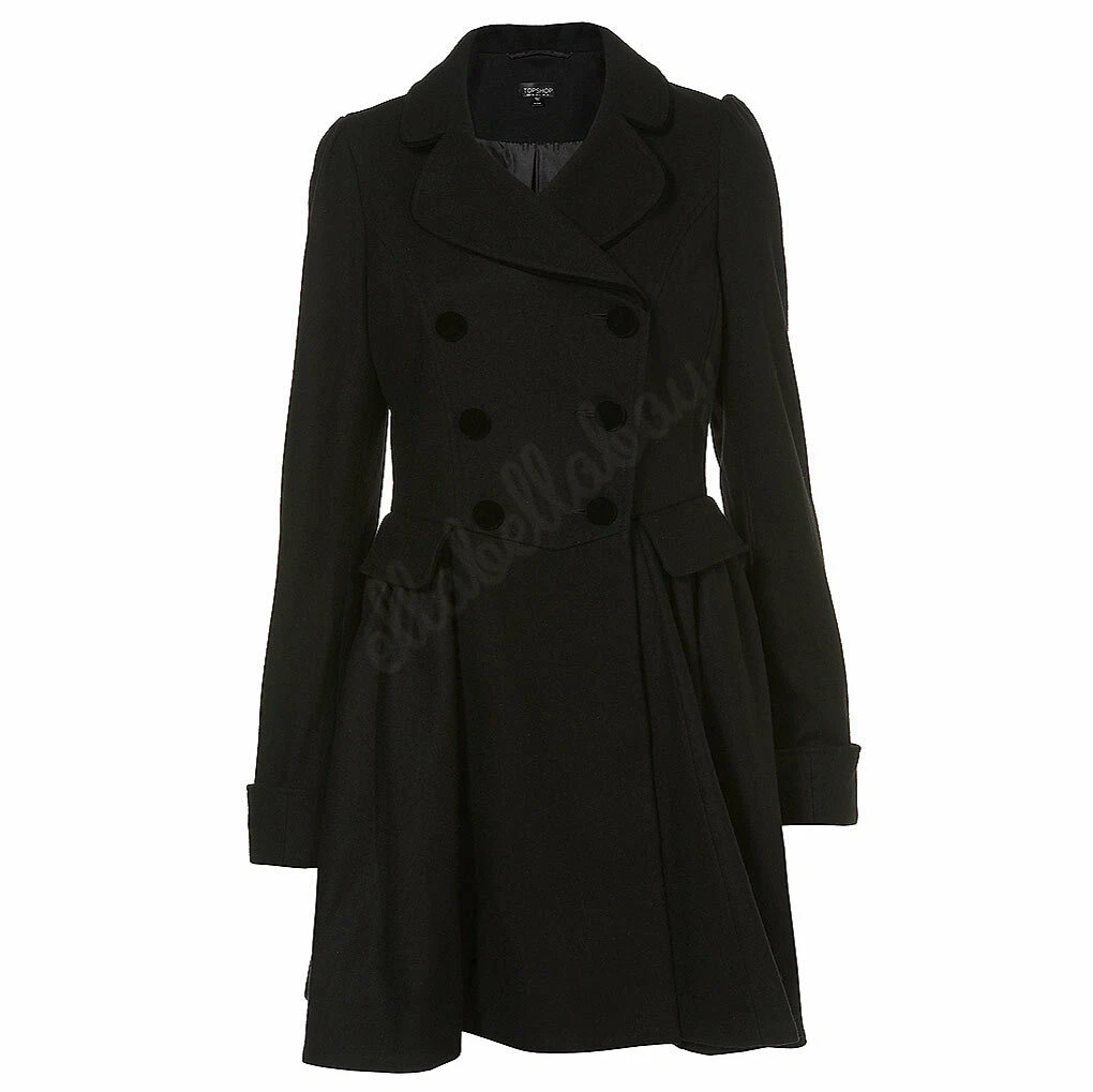 TOPSHOP Black Velvet Melton Frock Skirted Princess Riding Bustle Dress Coat UK10