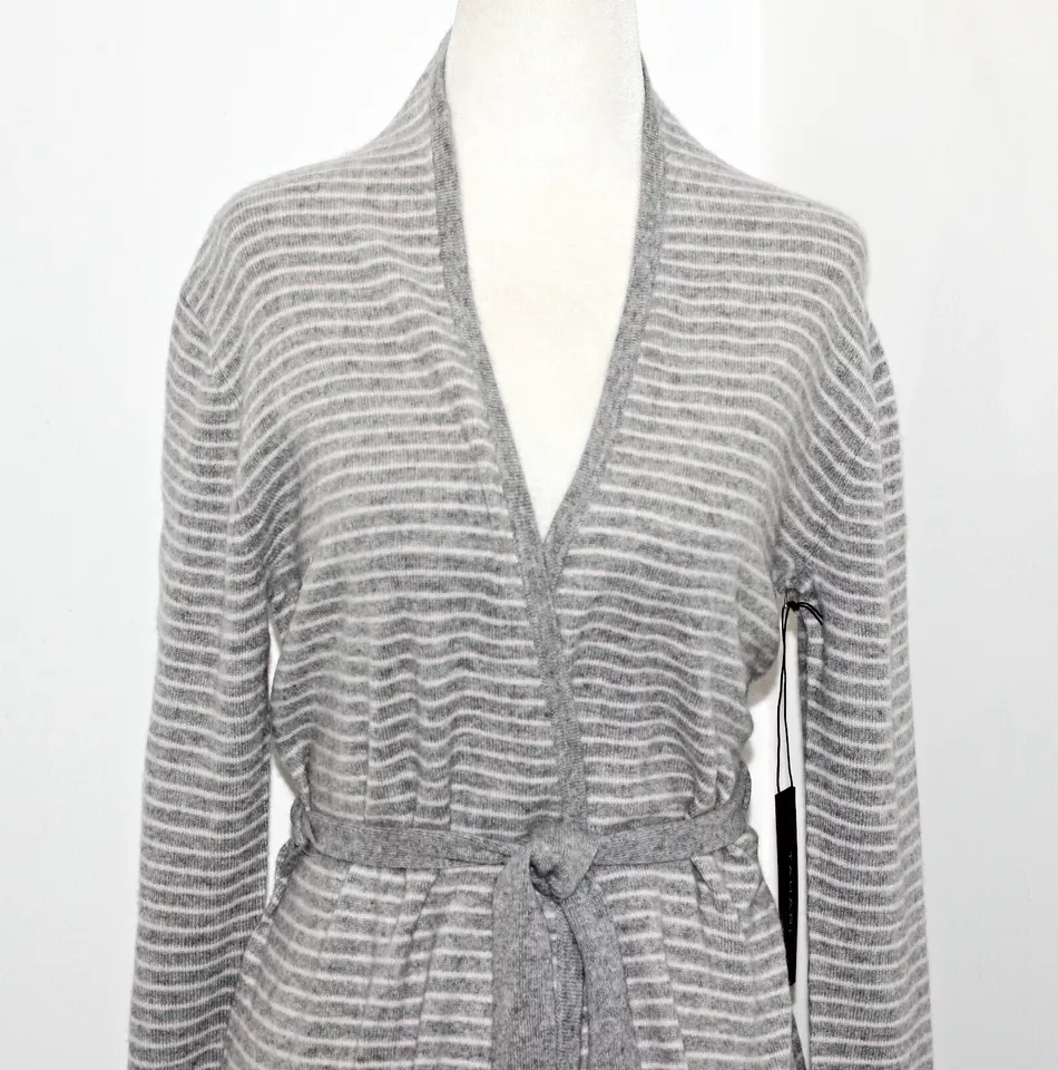 TAHARI Lujoso Puro Lujo Cachemira Rayas Cinturón Cárdigan Bata 39" Largo XS-XL Foto 3 de 4