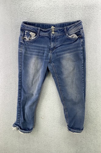 Faded Glory Youth Girls Size 16 Medium Wash Mid Rise Cuffed Crochet Denim Capri