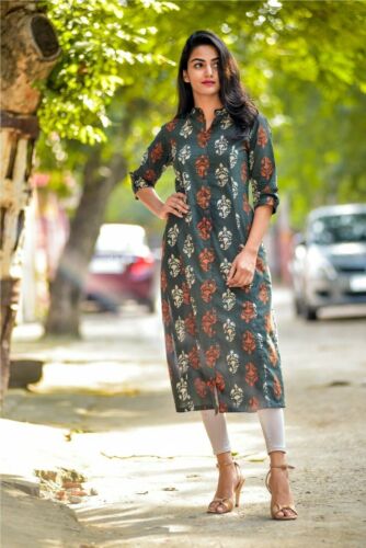 Indian Printed Cotton Kurti Wedding Wear Tunic Long Dress Casual Frock Suit - Picture 1 of 3