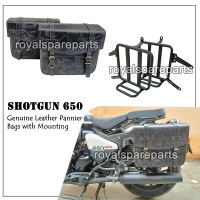 Sacoches En Cuir Noir-Gris Pour Royal Enfield Shotgun 650 Avec Support - Photo 1/4