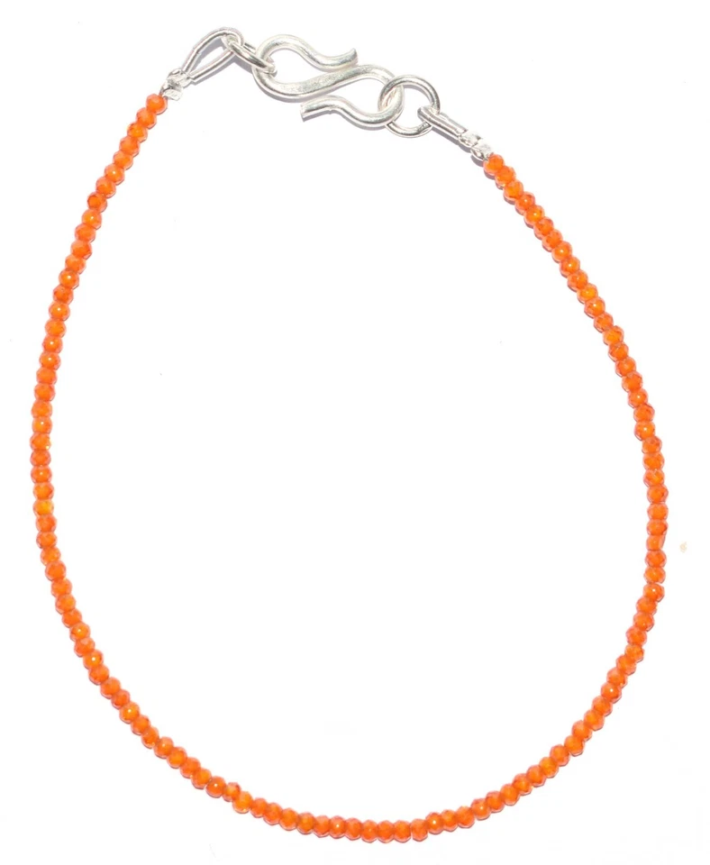 925 Fine Silver Orange Zircon Gemstone 2 mm Round Beads 8" Strand Bracelet G-18 - Image 4 of 4