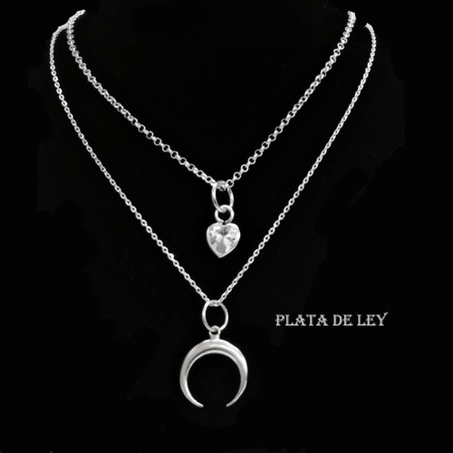 2 COLGANTE LUNA Invertida y CORAZÓN . PLATA de LEY. Collar doble. Nuevo | eBay