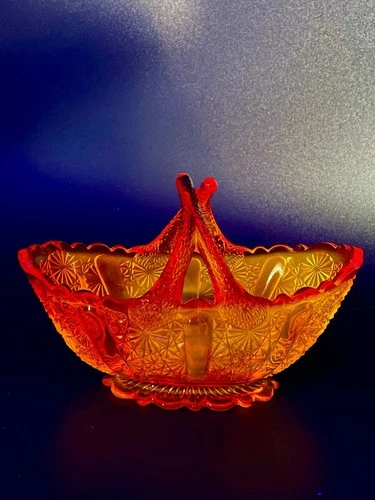 Fenton Amberina Glass Twig Split Handle Basket Button & Daisy Cadmium Glow