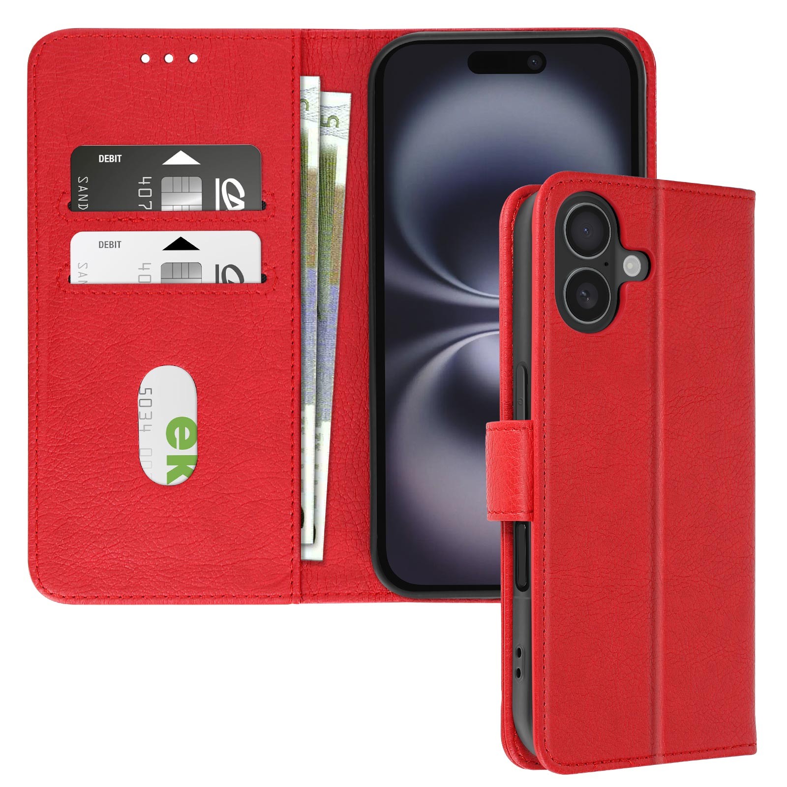 Coque iPhone 16 rouge Avizar avec clapet portefeuille en simili cuir et support vidéo