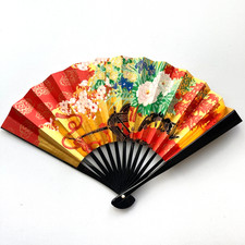 Japanese Small Folding Fan Gold Red Colored Flowers Vintage Antique From Japan