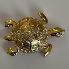 Vintage Turtle Tortoise Gold Tone Rhinestone Brooch Pin Very Good Quality Pin