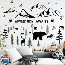 Chinco 4 Sheets Mountain Wall Decal Rustic Wall Stickers Nursery Dreamy Fores