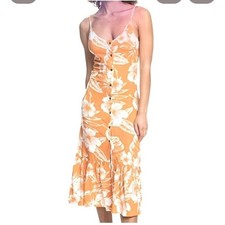 Roxy Tropical Floral Button Front Maxi Sundress Yellow White Beach Stretch XS