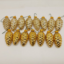 15 Vintage Christmas Bright Gold Glitter Pinecone Glass Ornaments 2.5''