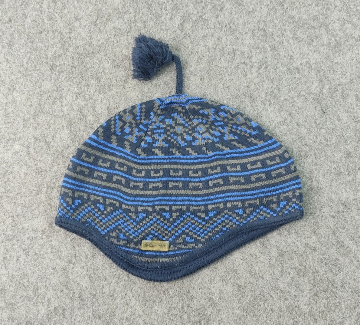 Columbia Youth Beanie Hat Blue Grey Fleece Lined Tassel Knit Winter Cap O/S
