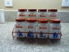 Vintage Hazel Atlas Milk Glass Spice Shaker Jar Set Dutch Theme Metal Rack 1950s