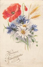 CP ILLUSTREE ANNIVERSAIRE FLEURS TRICOLORES EPI BLÉ - 41698