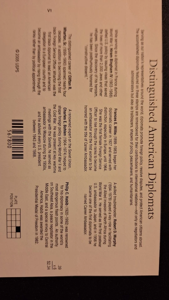 Scott #4076, M/F/NH/NF, Distinguished Diplomats, 39 cent, Multi, Pane of 6, 2006 - Image 2 of 2