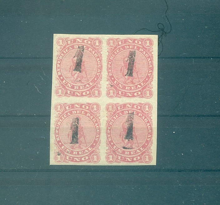 Paraguay - Sc# 19. 1884 1 on 1 Handstamp. Block LH/NH. $40.00++.