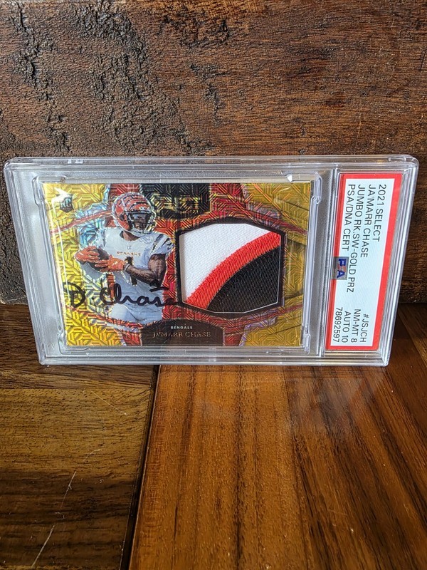 2021 Select Ja'Marr Chase Jumbo Rookie Swatch Gold PRIZM /10 PSA 8 Auto 10