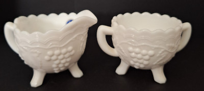 Vintage Imperial Milk Glass Grape & Leaf 3 Toed Open Sugar and Creamer