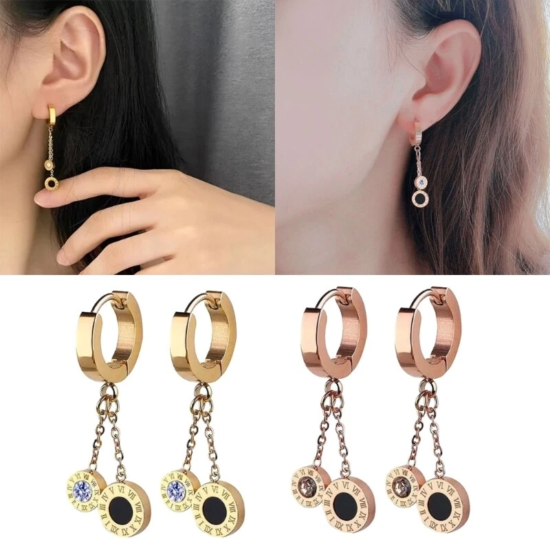 Long Chain Pendant Hoop Earrings Sparkle Round Roman Pendant