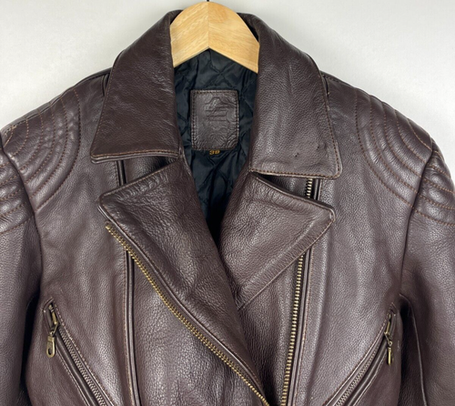 REAL LEATHER BIKER JACKET Women`s UK Size 10 (US 6, EU 38) Belted Vintage Brown - Picture 3 of 4