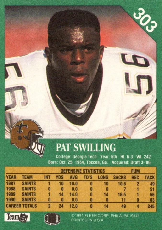 1991 Fleer Pat Swilling New Orleans Saints #303 - Image 2 of 2