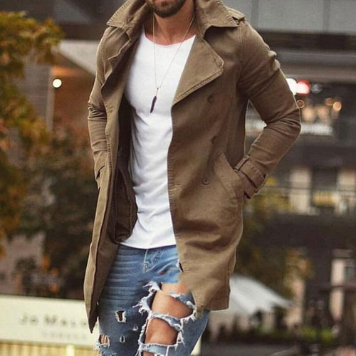 Men Trench Coat Spring Autumn Jacket Slim Fit Outwear Overcoat Casual Plus Size - Picture 6 of 12