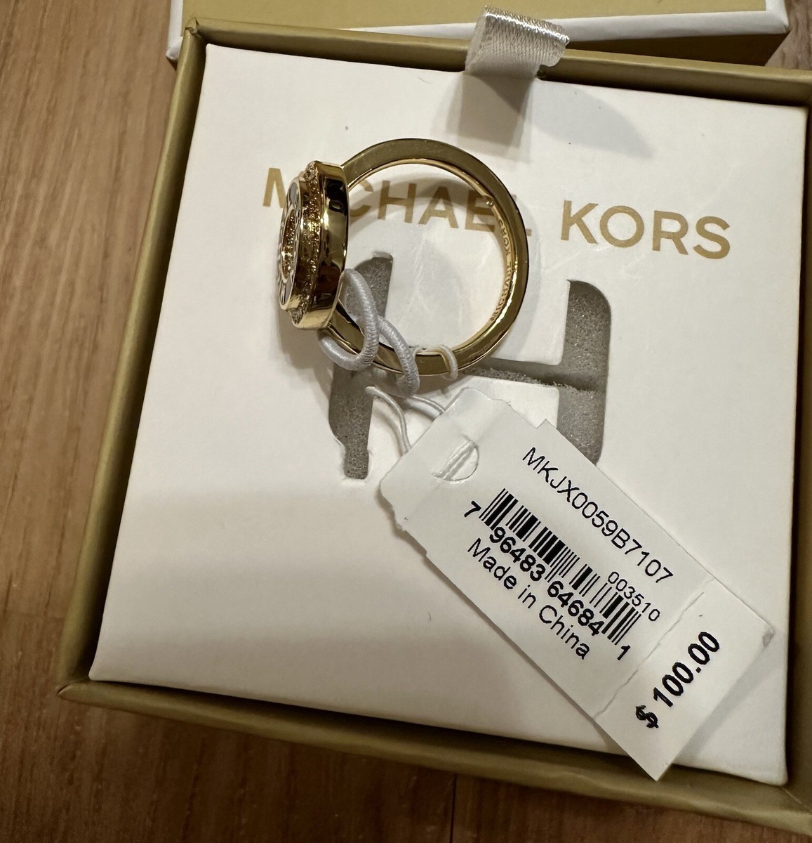 Michael Kors MK Logo Embellished Plaque Black Gold Ring