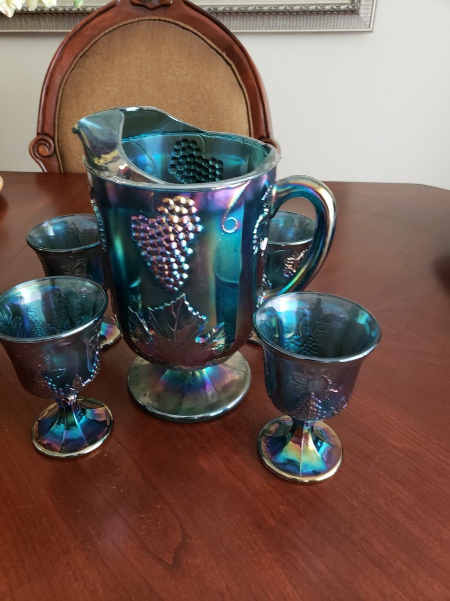 CARNIVAL GLASS PITCHER AND 4 GOBLET SET IRIDESCENT DEPRESSION